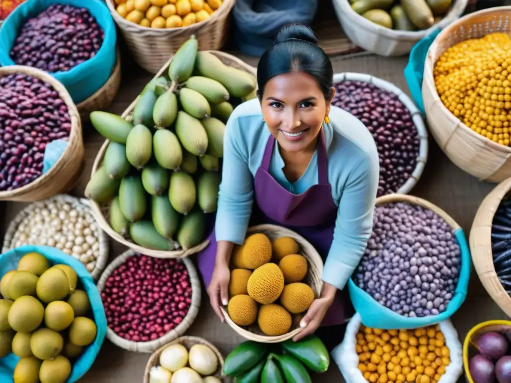 Muestra de la vitalidad de la gastronomía peruana con ingredientes autóctonos en mercado bullicioso