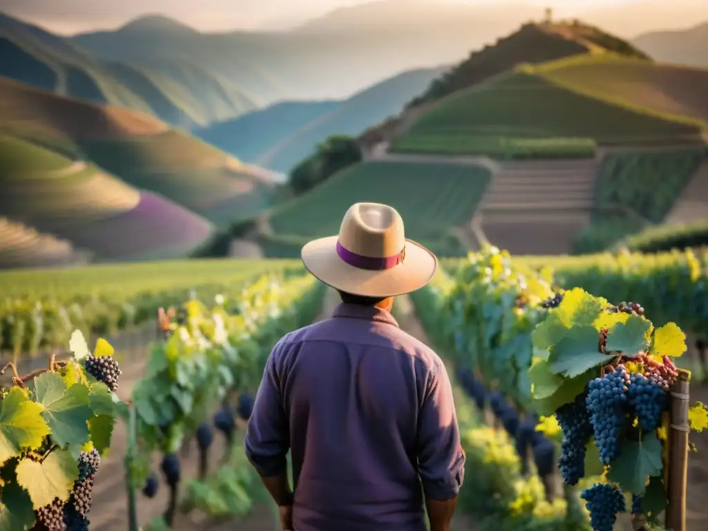 Un viticultor peruano inspeccionando uvas al atardecer en una viña, reflejando la tranquila expertise en Piscos y vinos peruanos recetas