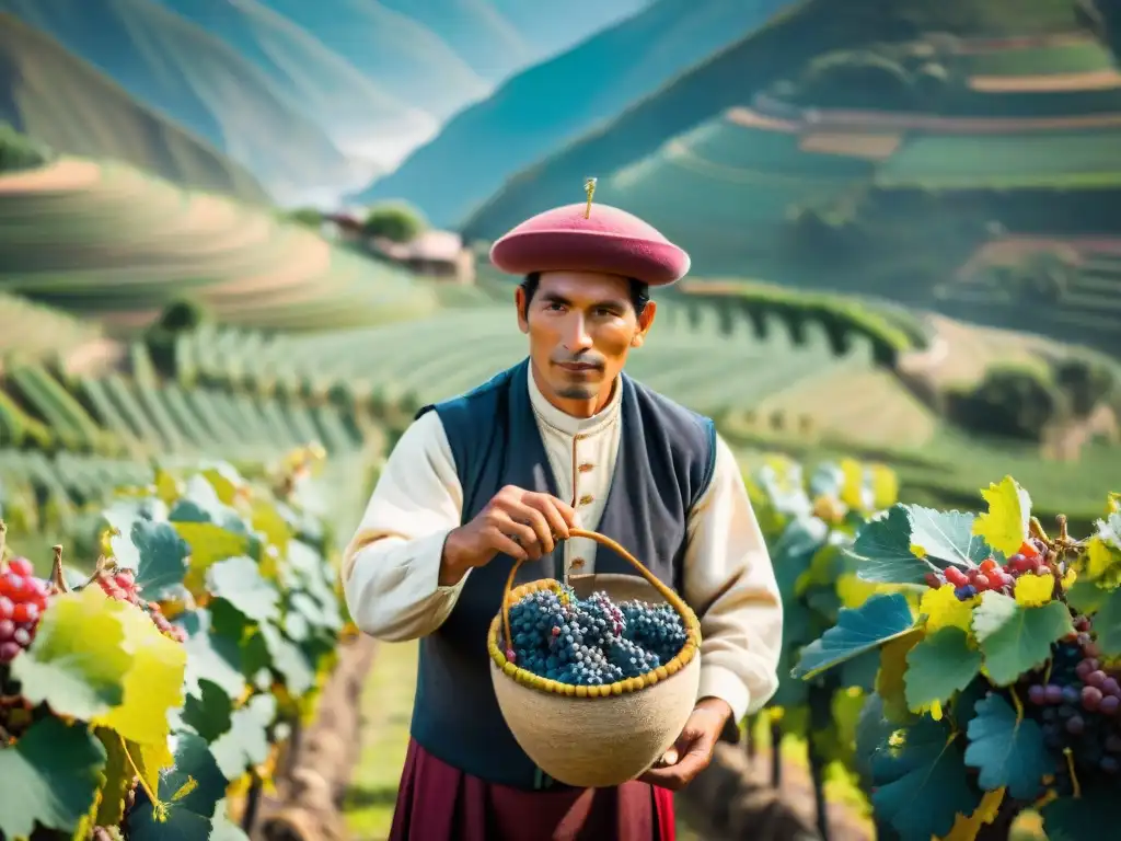 Un viticultor peruano cosechando uvas entre viñedos, destacando la producción de vino en Perú