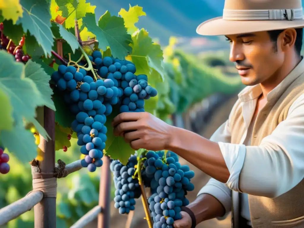 Un viticultor peruano cosechando uvas para vinos espumosos peruanos autóctonos en un viñedo de los Andes