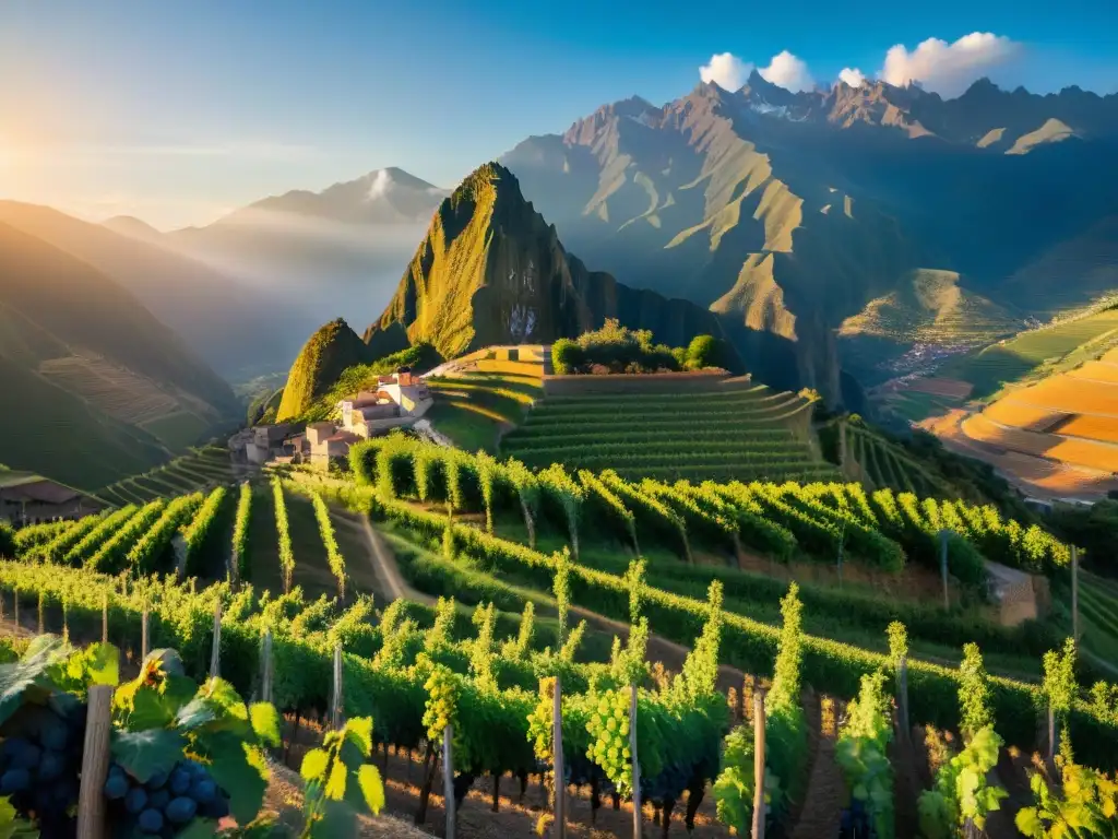 Vitivinicultura Peruana: Tradición y Innovación en los viñedos de Perú con los Andes de fondo, reflejando su belleza y trabajo artesanal