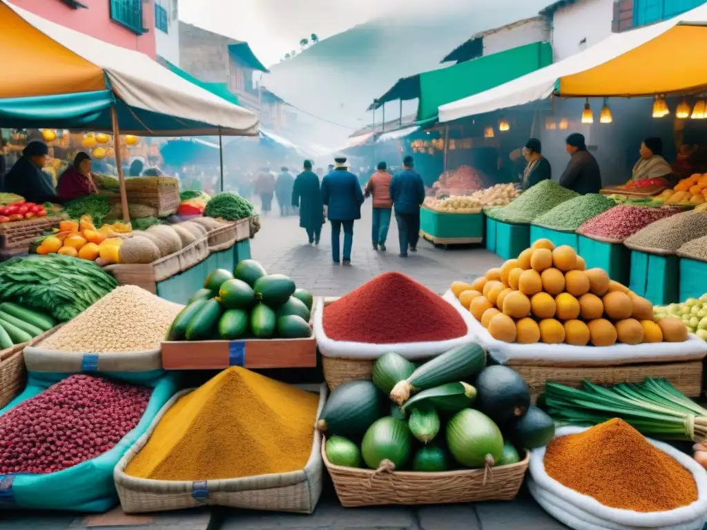 Vívida escena de mercado en Lima, Perú, con frutas, verduras y ingredientes autóctonos de la gastronomía peruana