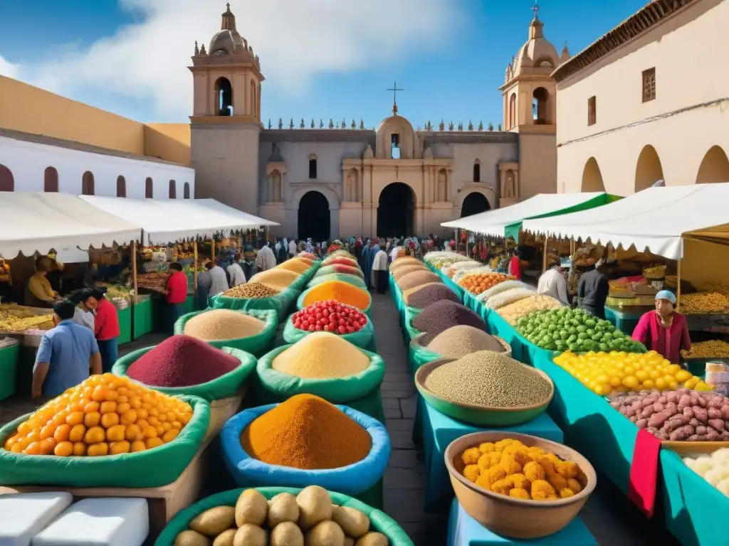 Vividas escenas del Festival gastronomía arequipeña Perú: coloridos puestos, platos tradicionales y vendedores locales