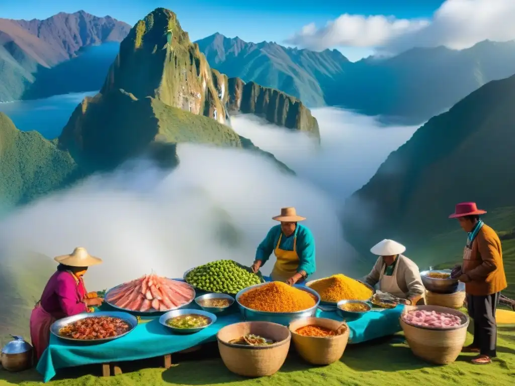 Vividas escenas de talleres de cocina mar y montaña en un animado mercado peruano