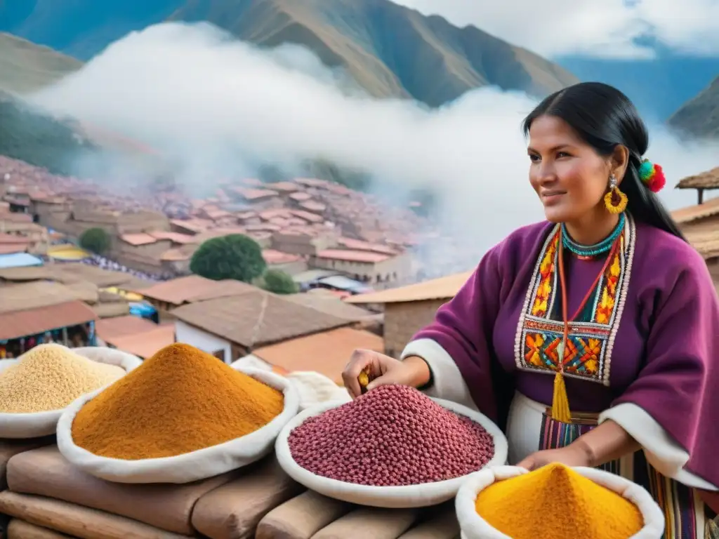 Vívido mercado de Cusco con mujeres indígenas vendiendo ingredientes autóctonos de la cocina peruana, evocando la riqueza cultural