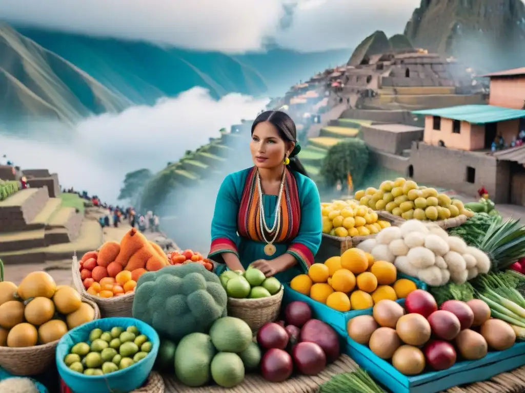 Vívido mercado peruano con frutas y verduras coloridas, mujeres indígenas vendiendo productos